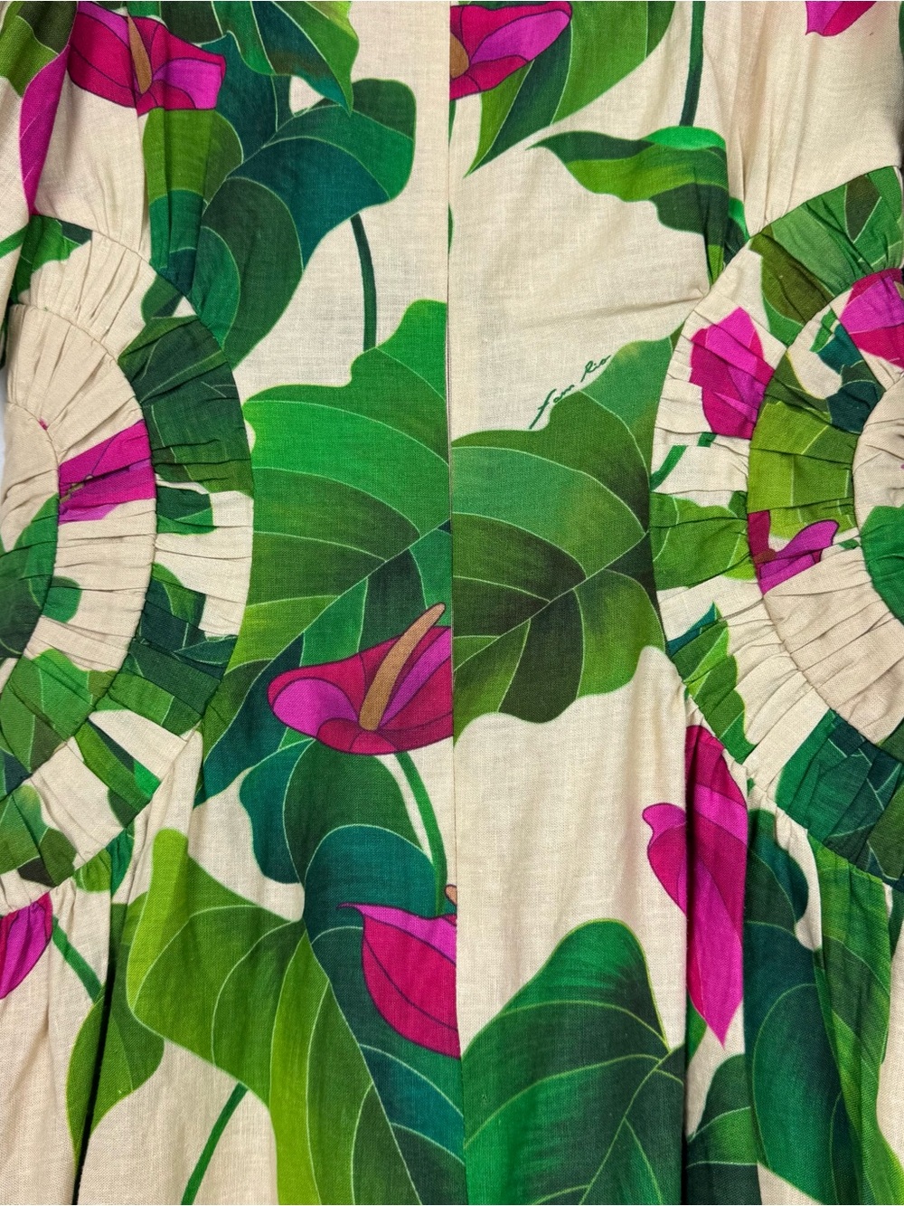 New With Tags FARM Rio Cream Midi Dress with Pink Anthurium & Green Leaves Small - Picture 10 of 14